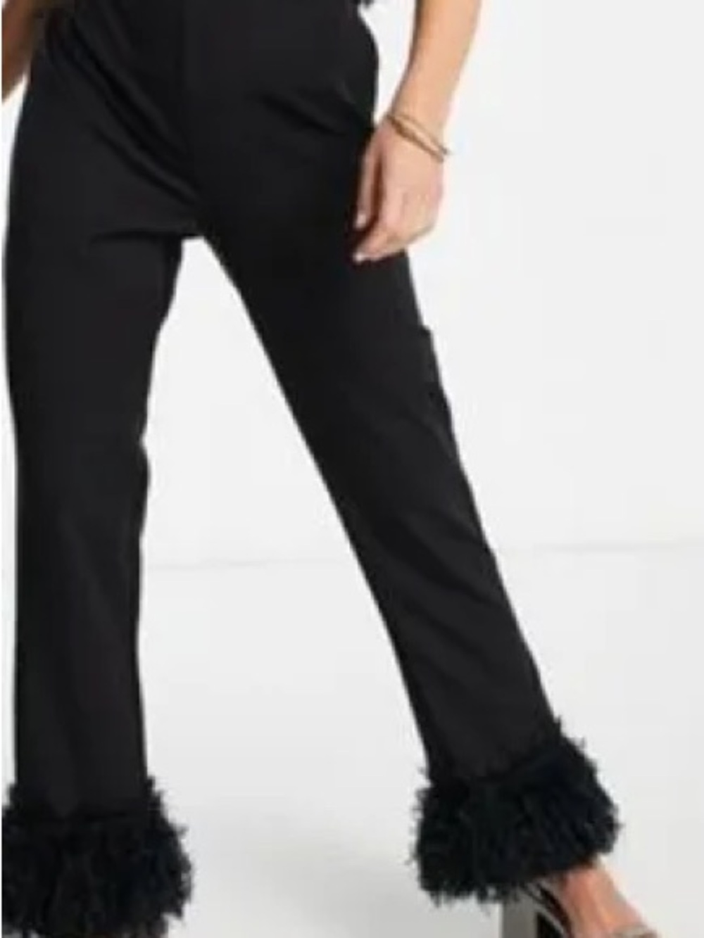 ASOS Black Straight-Leg Pants with Feather Trim